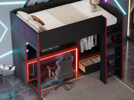 Gaming Loft Bed With Built In Desk, Wardrobe, LED Lighting And Drawer