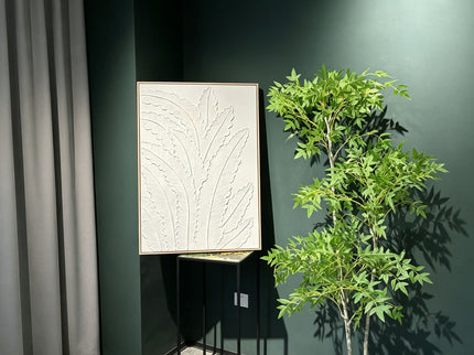 Framed Botanical Leaf Wall Art, Thick Textured Canvas Painting, Neutral Decor For Living Room - White