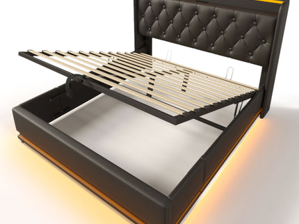 Upholstered Bed, 360 Surround LED Function, Remote Control, Hydraulic Storage Bed With USB, Type-C Charging (Without Mattress)