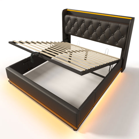 Upholstered Bed, 360 Surround LED Function, Remote Control, Hydraulic Storage Bed With USB, Type-C Charging (Without Mattress)