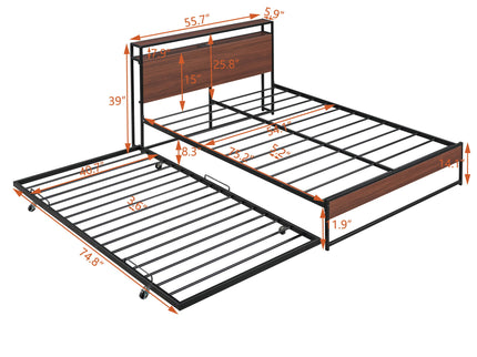 Platform Bed Frame With Trundle, USB Ports And Slat Support, No Box Spring Needed