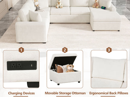 Sectional Sofa Pull-Out Sofa Bed Sleeper With A Storage Ottoman, Three Pillows And Charging Devices For Living Room