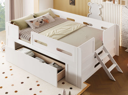 Platform Bed With Guardrail And Drawer
