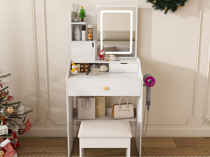 3 Color LED Vanity Mirror With Stool, 2 Drawers & 5 Storage Cabinets, Adjustable Lighting - White