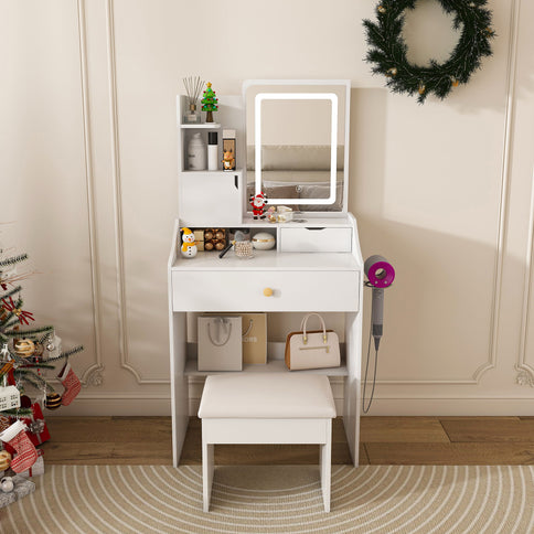 3 Color LED Vanity Mirror With Stool, Dressing Table For Bedroom, 2 Drawers & 5 Storage Cabinets (4 Open + 1 Hidden), Adjustable Lighting - White