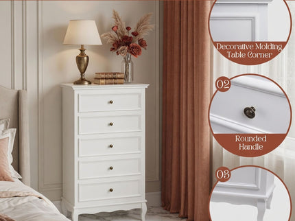 5 Drawer Tall Wide Chest Of Drawers - White