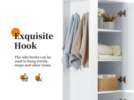 Tall Freestanding Bathroom Storage Cabinet With Adjustable Shelves And Side Hooks