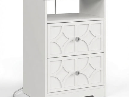 Nightstand With Diamond Carvings Handles, 2 Drawers & Charging Station