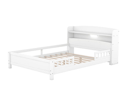 Wood Platform Bed With Built In LED Light, Storage Headboard And Guardrail