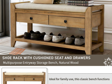 Multipurpose Entryway Shoe Rack With Cushioned Seat And Drawers