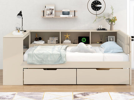 Upholstered Headboard Platform Bed With Storage Shelves, Drawers, Charging Station