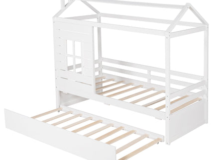 Twin Size Classic House Bed With Twin Size Trundle - White