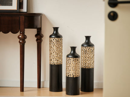 Floor Metal Vases Decorated Metal Vases (Set of 3) Gorgeous Home Decoration Large Glazed Metal Vases - Black / Gold