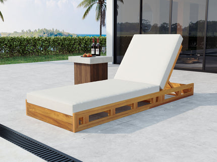 Premium Acacia Wood Lounge Chaise Set With Water Resistant Cushions, Adjustable Recline - Cream / Teak