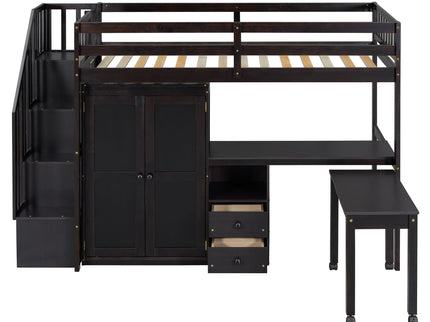 Loft Bed With Stairs, Bookshelf, Drawers, Desk & Wardrobe, Space Saving Multifunctional Furniture