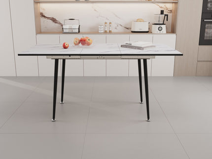 Modern Industrial Expandable Dining Table 47" To With Marble Pattern Top And Metal Legs - White