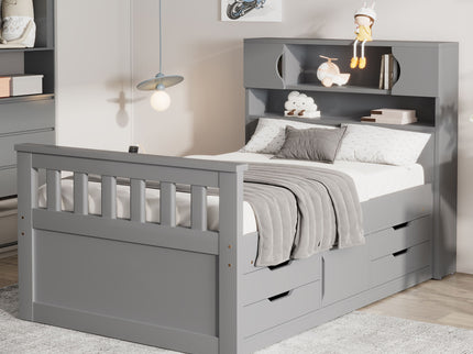 Captain Platform Bed Frame With Storage Bookcases, Shelves, And 4 Drawers