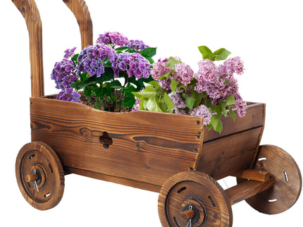 Wooden Wagon Planter Box Mobile Garden Planter With Wheels Handle Drain Hole Wood - Brown