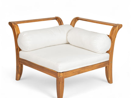6 Piece Patio Sofa Set, Acacia Wood Outdoor Modular Sectional Garden Furniture Set L Shaped Conversation Set, Convertible Daybed With Tea Table, Ottoman, 5 Cushions And Pillows - Teak / Beige