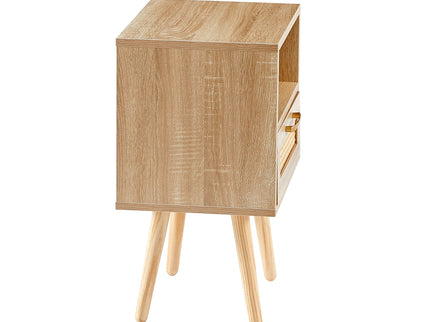 15.75" Rattan End Table With Drawer And Solid Wood Legs, Modern Nightstand, Side Table For Living Room, Bedroom