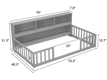 Floor Bed With Bedside Bookcase, Shelves, Guardrails