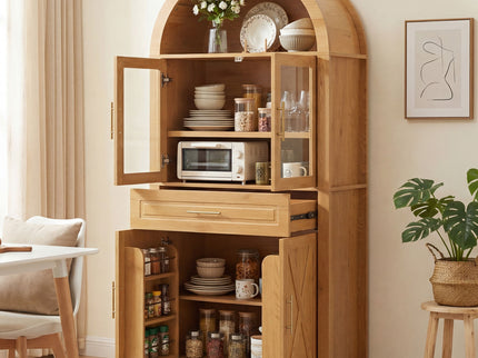 Arched Kitchen Pantry Cabinet With Adjustable Shelves And Barn Door Design