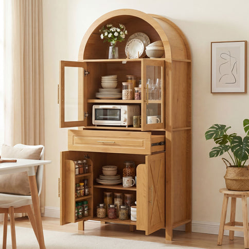 Arched Kitchen Pantry Cabinet With Adjustable Shelves And Barn Door Design