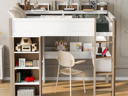 Loft Bed With Built In Storage Shelves, Clothes Rail, And Desk