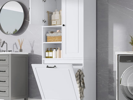 Modern Tall Storage Cabinet With Adjustable Shelves, Flip-Out Basket & Enclosed Doors