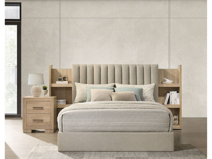 Merritt - Queen Bookcase Storage Bed With Tufted Headboard - Light Oak / Light Tan