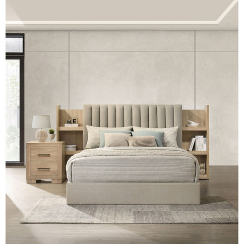 Merritt - Queen Bookcase Storage Bed With Tufted Headboard - Light Oak / Light Tan