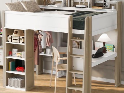 Loft Bed With Built In Storage Shelves, Clothes Rail, And Desk