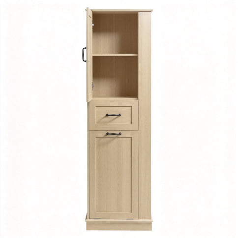 Tall Storage Cabinet With Tilt Out Compartment, Adjustable Shelves, Soft Close Hinges - Natural