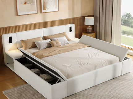 Upholstered Platform Bed Frame With Hidden Storage, Built-In Nightstands & LED Reading Lights