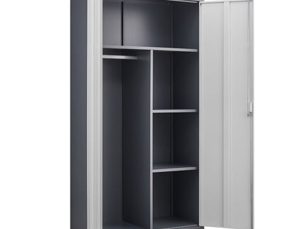 Wardrobe With Hanging Rod And Compartments, Lockable Closet With Locks & Keys For Bedroom - Gray