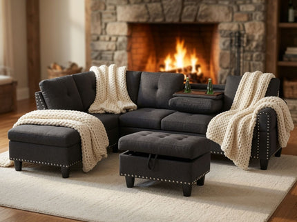 L - Shaped 3 Piece Sectional Sofa With Chaise, Storage Ottoman & Cup Holders