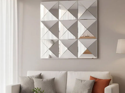 3D Beveled Wall Mirror With Frame, Large Square Design For Living Room - Silver