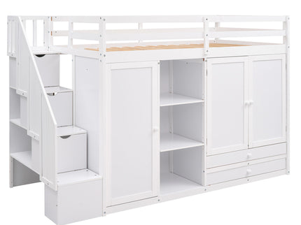 Loft Bed With 3 Shelves, 2 Wardrobes, 2 Drawers, Ladder Storage