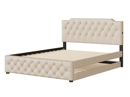 Upholstered Platform Bed With Trundle And 2 Sets Of USB Ports On Each Side, Fabric