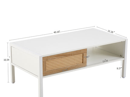 40.16" Rattan Coffee Table, Sliding Door For Storage, Metal Legs, Modern Table For Living Room