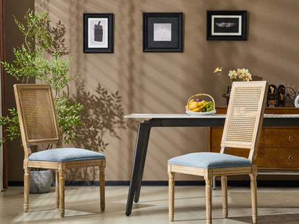 French Country Dining Chair With Rectangular Cane Backrest And Smooth Upholstered Seating