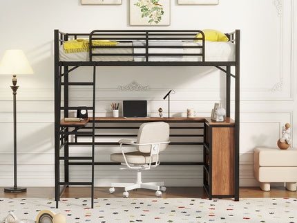 Loft Bed & 3 Layers Of Shelves And L-Shaped Desk