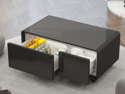Modern Smart Coffee Table With Built-In Fridge - tooth Speaker, Wireless Charging, Touch Control Panel, USB Interface, Outlet Protection, Atmosphere Light