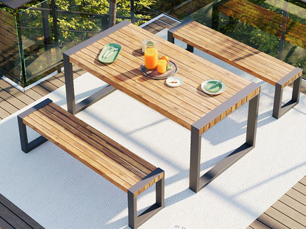 3 Pieces Outdoor Dining Table With 2 Benches, Patio Dining Set With Unique Top Texture, Acacia Wood Top & Steel Frame, All Weather Use, For Outdoor & Indoor - Natural