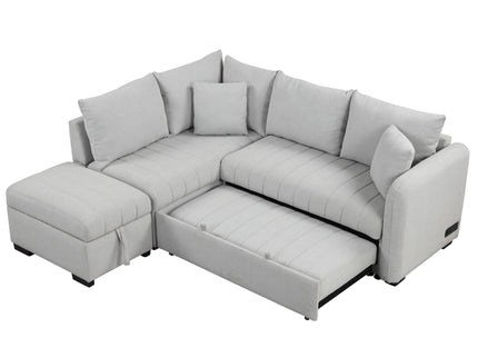 L-Shaped Sectional Pull Out Sofa Bed Sleeper Sofa With Two USB Ports, Two Power Sockets And A Movable Storage Ottoman