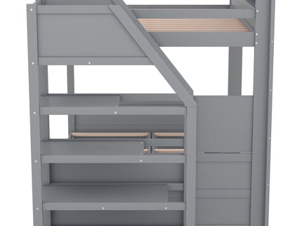 Wood Full Size Convertible Bunk Bed With Storage Staircase, Bedside Table, And 3 Drawers - Gray