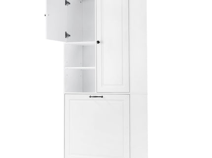Modern Tall Storage Cabinet With Adjustable Shelves, Flip-Out Basket & Enclosed Doors