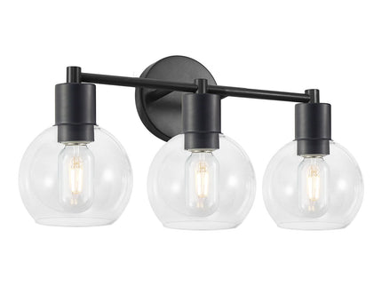 3 Light Globe Bathroom Vanity Light With Clear Glass Shades - Black