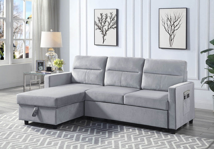 Ruby - Reversible Sleeper Sectional Sofa With Storage Chaise And Side Pocket - Light Gray
