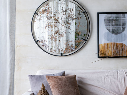Theodor - Mirror With Industrial Design Round Mirror With Metal Frame For Wall Decor & Entryway Console Lean Against Wall - Black